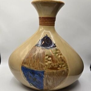 Unique Raku Painted Rattan Drip Glaze Tan Pottery Vintage 13 H x 12 W EUC